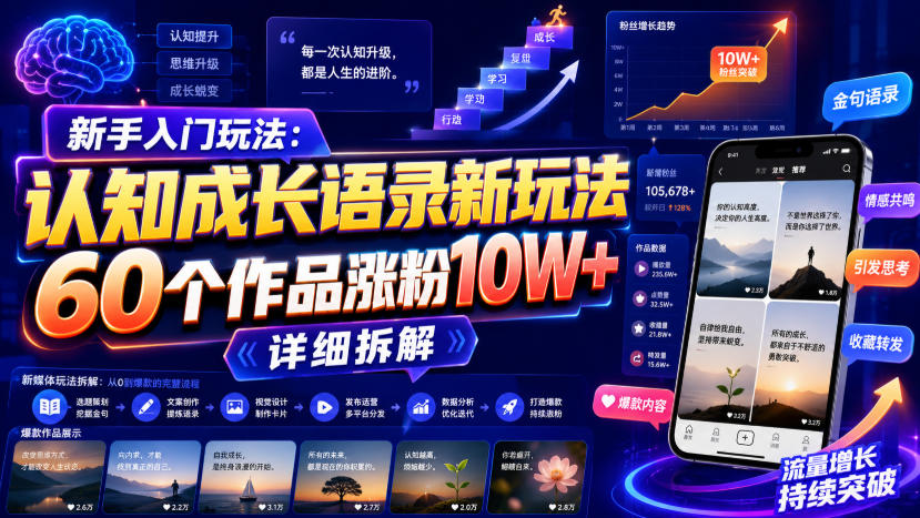 新手入门玩法:认知成长语录新玩法,60个作品涨粉10W+,详细拆解-副业网
