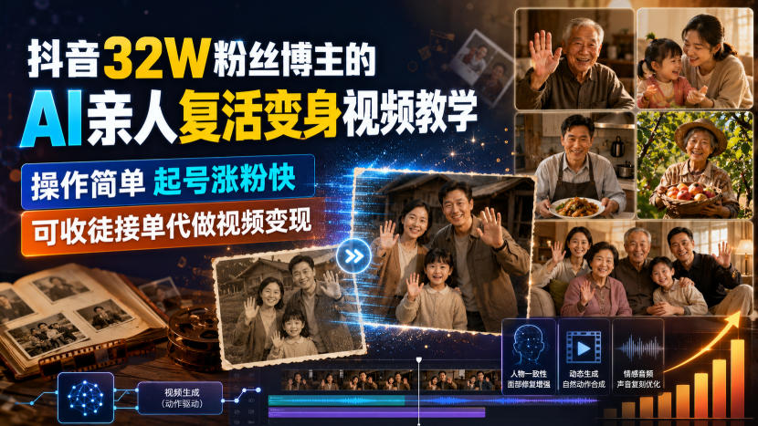 抖音32W粉丝博主的AI亲人复活变身视频教学,操作简单,起号涨粉快,可收徒接单代做视频变现-副业网