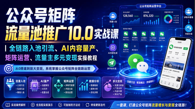 公众号矩阵流量池推广10.0实战课｜全链路入池引流、AI内容量产、矩阵运营、流量主多元变现实操教程-副业网