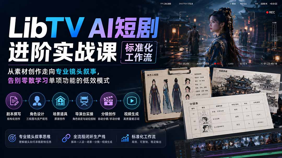 LibTV AI短剧进阶实操课标准化工作流；从素材创作走向专业镜头叙事，告别零散学习单项功能的低效模式-副业网