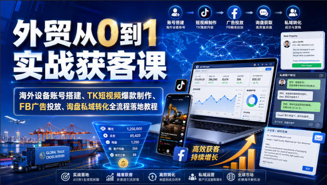 外贸从0到1实战获客课｜海外设备账号搭建、TK短视频爆款制作、FB广告投放、询盘私域转化全流程落地教程-副业网