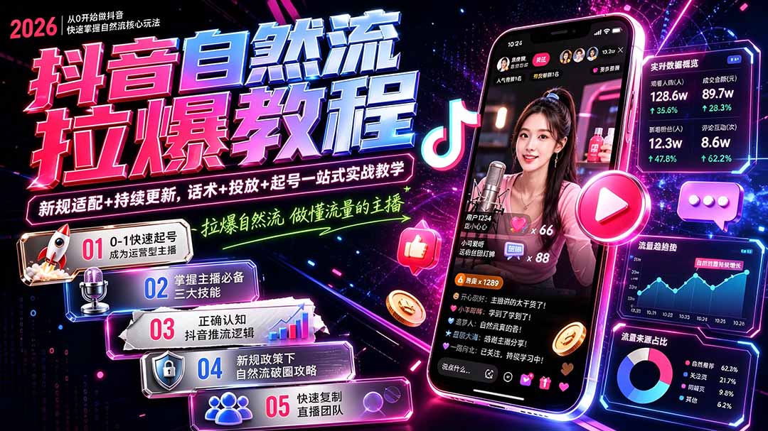 抖音自然流拉爆教程-更新8月:做懂流量的主播,新规适配+持续更新,话术+投放+起号一站式实战教学-副业网
