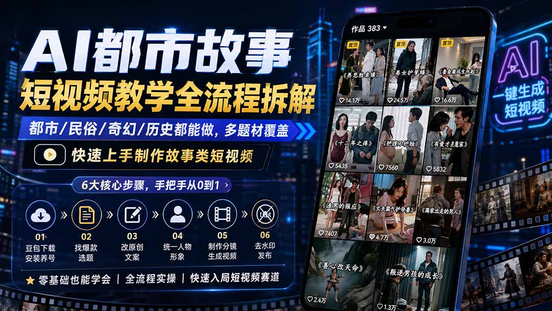 AI都市故事短视频教学全流程拆解;都市/民俗/奇幻/历史都能做多题材覆盖,快速上手制作故事类短视频-副业网