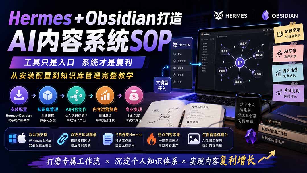 Hermes+Obsidian打造AI内容系统SOP;工具只是入口系统才是复利,从安装配置到知识库管理完整教学-副业网