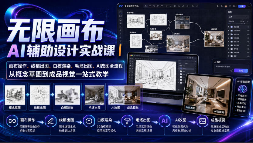 无限画布AI辅助设计实战课|画布操作、线稿出图、白模渲染、毛坯出图、AI改图全流程,从概念草图到成品视觉一站式教学-副业网