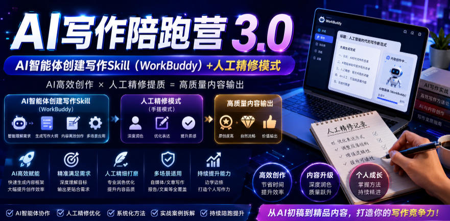 AI写作陪跑营3.0,Ai智能体创建写作skill(workbuddy)+人工手写模式(手搓模式),去除AI痕迹(头条号、公众号、百家号)(更新0814)-副业网