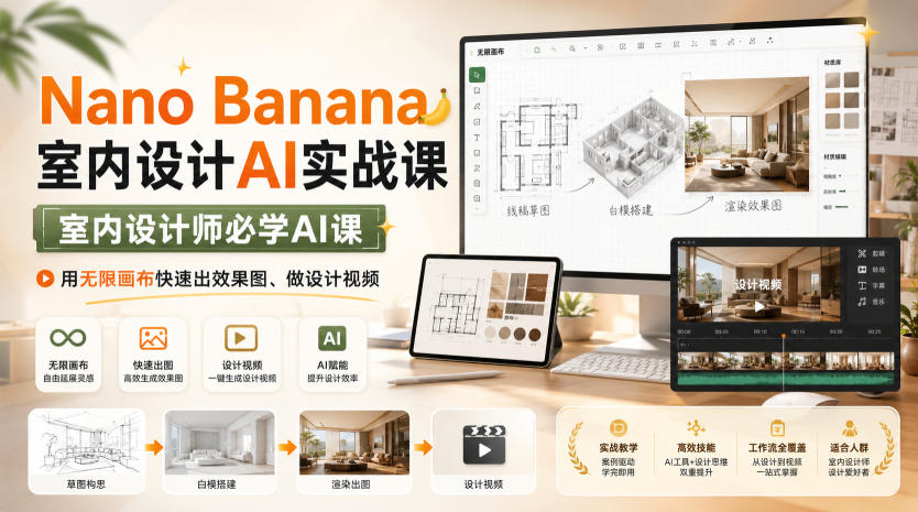 Nano Banana室内设计AI实战课,室内设计师必学AI课,用无限画布快速出效果图、做设计视频-副业网