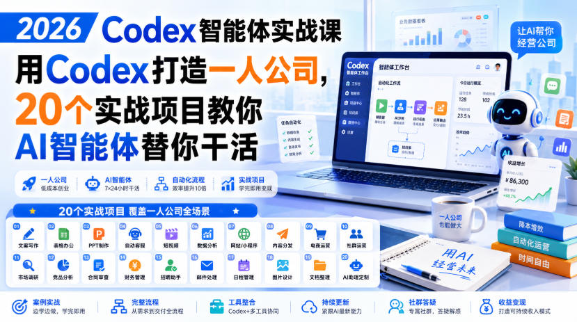 2026 Codex智能体实战课,用Codex打造一人公司,20个实战项目教你AI智能体替你干活-副业网