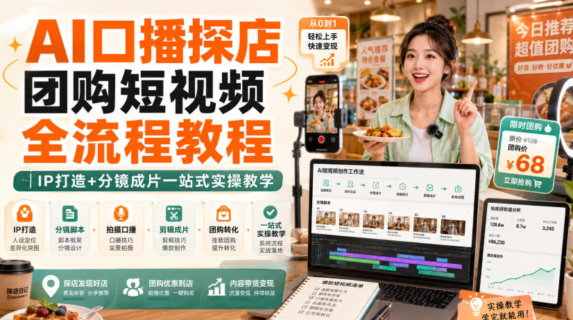 AI口播探店团购短视频全流程教程|IP打造+分镜成片一站式实操教学-副业网