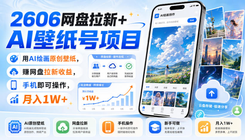 2606网盘拉新+AI壁纸号项目,用AI绘画原创壁纸,賺网盘拉新收益,手机即可操作,月入1W+-副业网