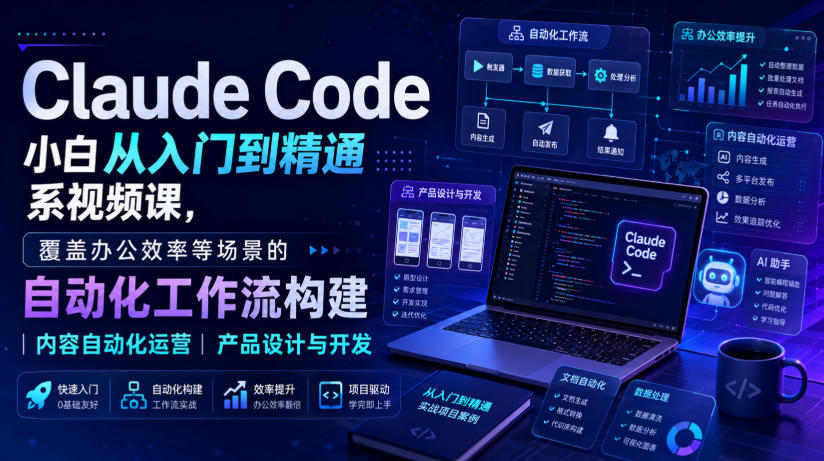 Claude Code小白从入门到精通系视频课,覆盖办公效率等场景的自动化工作流构建|内容自动化运营|产品设计与开发-副业网