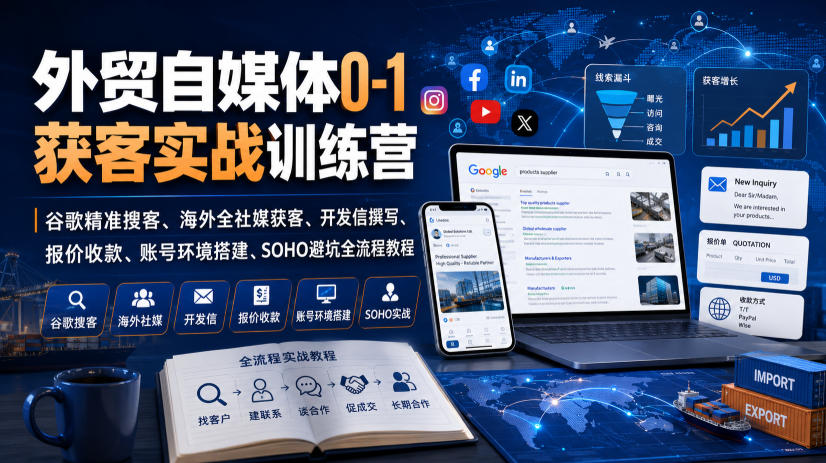 外贸自媒体0-1获客实战训练营|谷歌精准搜客、海外全社媒获客、开发信撰写、报价收款、账号环境搭建、SOHO避坑全流程教程(更新)-副业网
