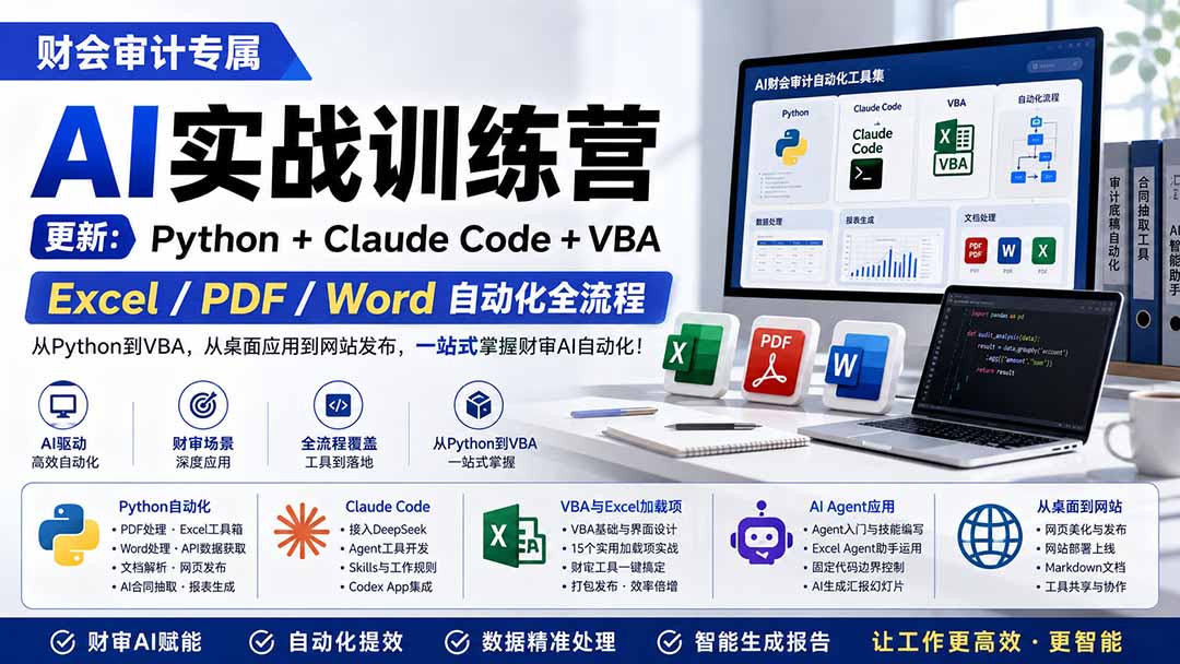 财会审计专属 AI实战训练营:Python+Claude Code+VBA,Excel/PDF/Word自动化全流程 (更新-副业网