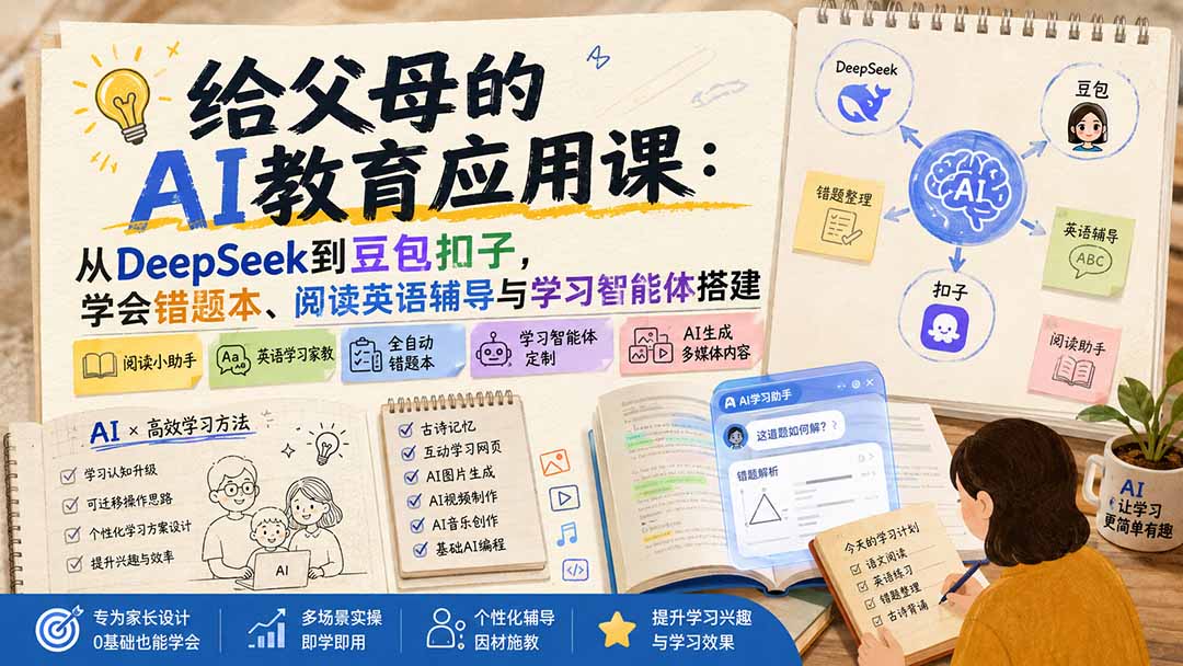 给父母的AI教育应用课:从DeepSeek到豆包扣子,学会错题本、阅读英语辅导与学习智能体搭建-副业网