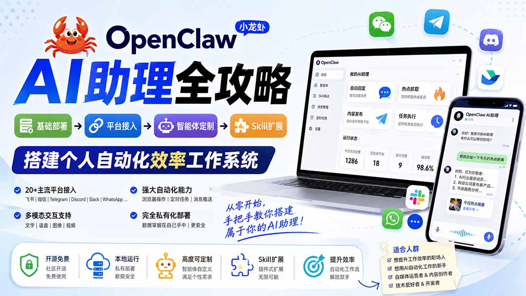 OpenClaw小龙虾 AI助理全攻略:基础部署→平台接入→智能体定制→Skill扩展,搭建个人自动化效率工作系统-副业网
