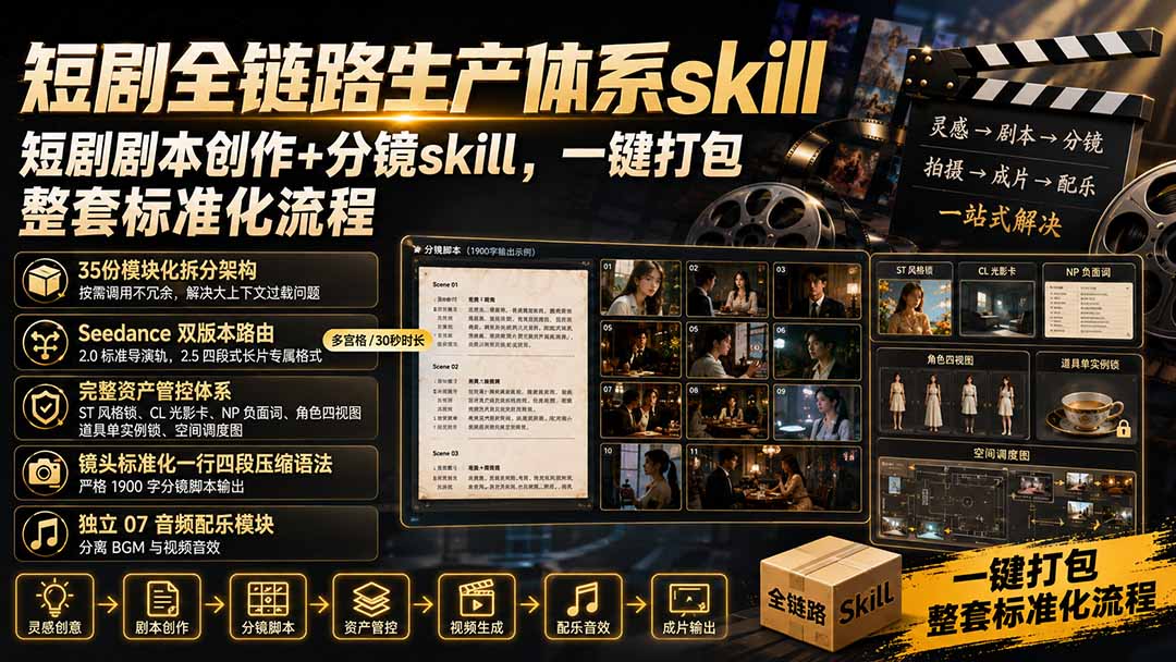 短剧全链路生产体系skill,短剧剧本创作+分镜skill,一键打包,整套标准化流程-副业网