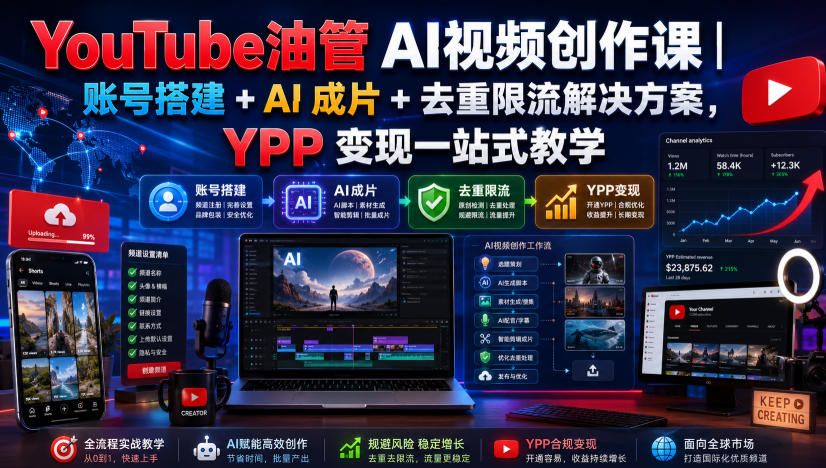YouTube油管AI视频创作课｜账号搭建+AI成片+去重限流解决方案，YPP变现一站式教学(更新0817)-副业网