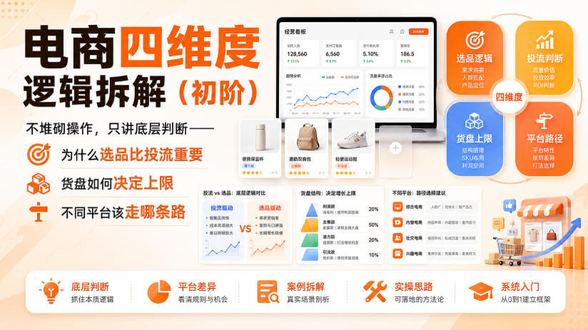 电商四维度逻辑拆解(初阶)不堆砌操作,只讲底层判断——为什么选品比投流重要、货盘如何决定上限、不同平台该走哪条路-副业网