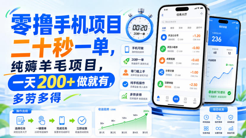 零撸手机项目,二十秒一单,纯薅羊毛项目,一天200+做就有,多劳多得【揭秘】-副业网