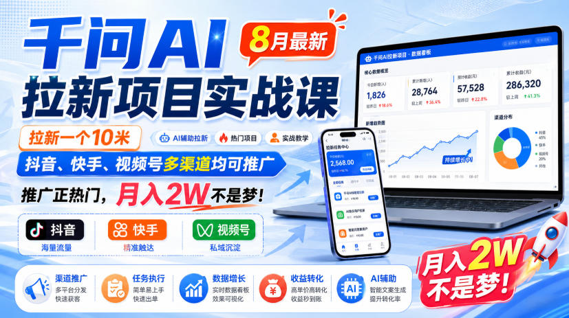 千问AI拉新项目实战课8月最新，拉新一个10米，抖音、快手、视频号多渠道均可推广，推广正热门，月入2W不是梦!-副业网