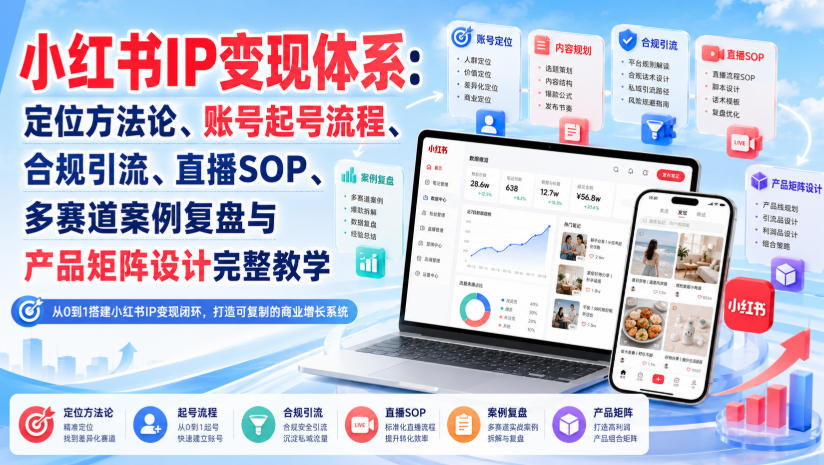 小红书IP变现体系:定位方法论、账号起号流程、合规引流、直播SOP、多赛道案例复盘与产品矩阵设计完整教学-副业网