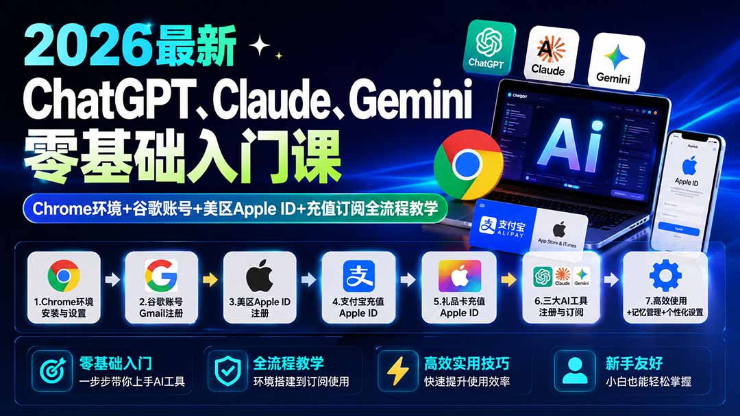 2026最新ChatGPT、Claude、Gemini零基础入门课:Chrome环境+谷歌账号+美区Apple ID+充值订阅全流程教学-副业网