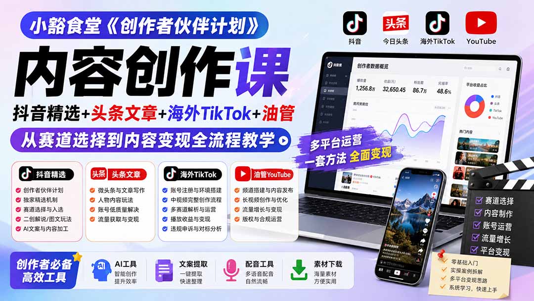 小豁食堂《创作者伙伴计划》内容创作课:抖音精选+头条文章+海外TikTok+油管,从赛道选择到内容变现全流程教学-副业网