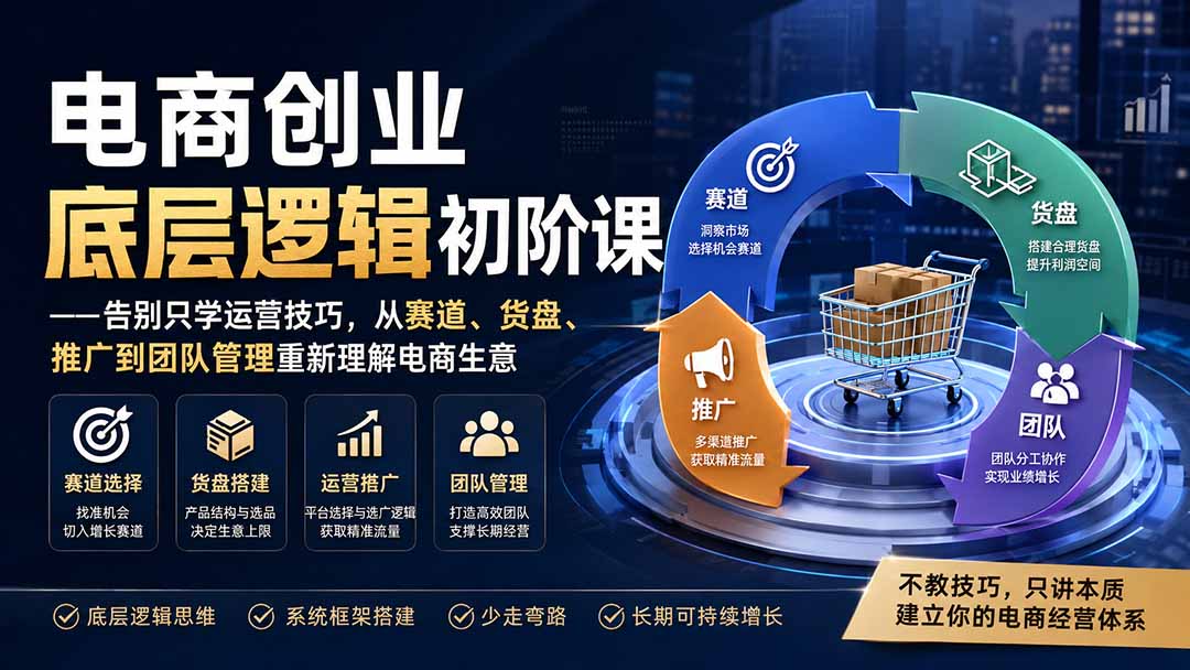 电商创业底层逻辑初阶课——告别只学运营技巧，从赛道、货盘、推广到团队管理重新理解电商生意-副业网