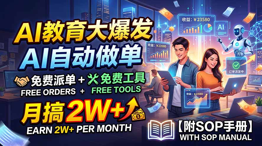 AI教育大爆发,AI自动做单,免费派单+免费工具,月搞2W+【附SOP手册】-副业网