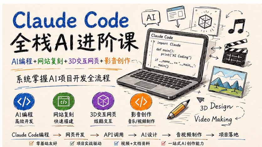 Claude Code全栈AI进阶课;AI编程+网站复刻+3D交互网页+影音创作,系统掌握AI项目开发全流程-副业网