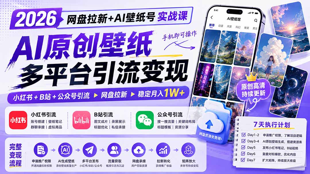 2026网盘拉新+AI壁纸号实战课:AI原创壁纸+小红书+B站+公众号引流,手机即可操作,月入1W+-副业网