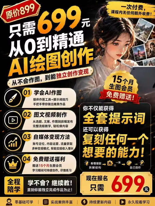 抖音10W粉丝博主的AI绘图教学,从0到精通AI绘图创作,从不会作图到能独立创作变现-副业网
