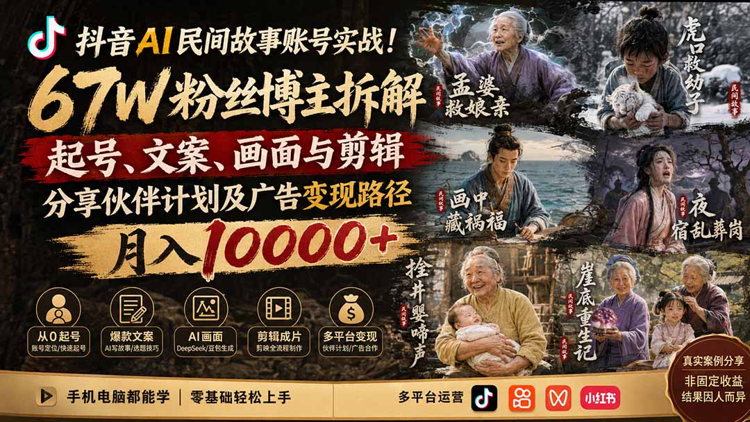 抖音AI民间故事账号实战!67W粉丝博主拆解起号、文案、画面与剪辑,分享伙伴计划及广告变现路径,月入10000+-副业网