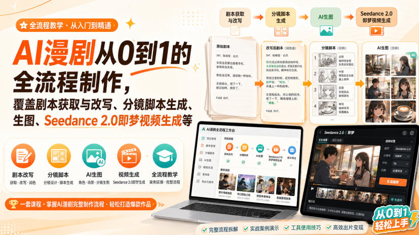 AI漫剧从0到1的全流程制作,覆盖剧本获取与改写、分镜脚本生成、角色场景生图与三视图、Seedance 2.0即梦视频生成(PDF版)-副业网