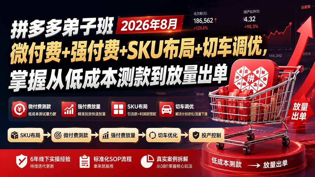 拼多多弟子班2026年8月:微付费+强付费+SKU布局+切车调优,掌握从低成本测款到放量出单-副业网