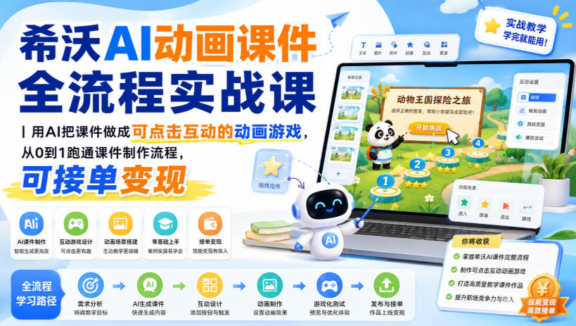希沃AI动画课件全流程实战课|用AI把课件做成可点击互动的动画游戏,从0到1跑通课件制作流程,可接单变现-副业网