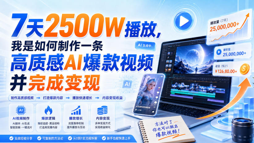 7天2500W播放,我是如何制作一条高质感AI爆款视频并完成变现-副业网