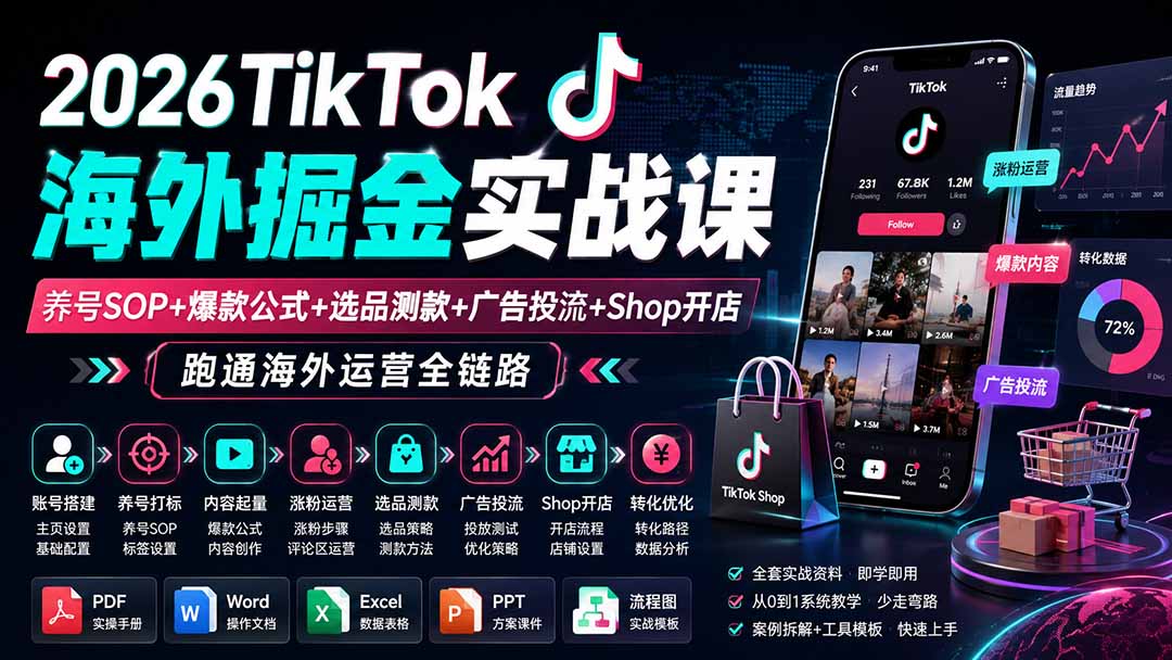 2026TikTok海外掘金实战课——养号SOP+爆款公式+选品测款+广告投流+Shop开店，跑通海外运营全链路-副业网