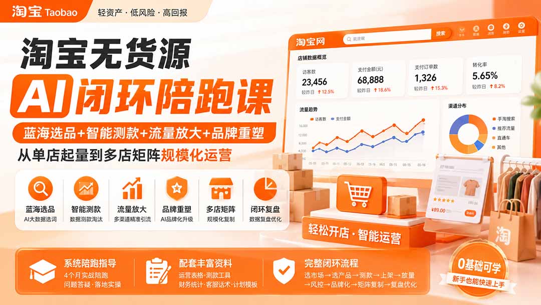 淘宝无货源AI闭环陪跑课：蓝海选品+智能测款+流量放大+品牌重塑，从单店起量到多店矩阵规模化运营-副业网