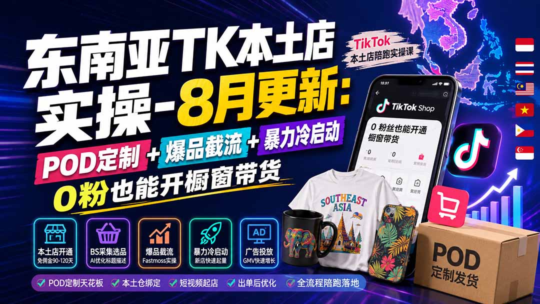 东南亚TK本土店实操-8月更新：POD定制+爆品截流+暴力冷启动，0粉也能开橱窗带货-副业网