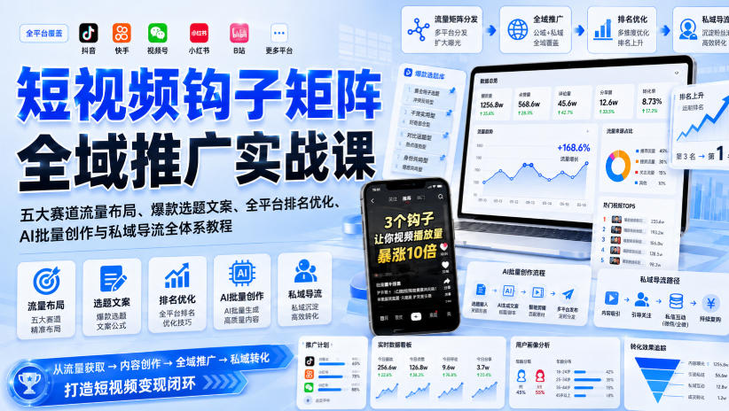 短视频钩子矩阵全域推广实战课|五大赛道流量布局、爆款选题文案、全平台排名优化、AI批量创作与私域导流全体系教程-副业网