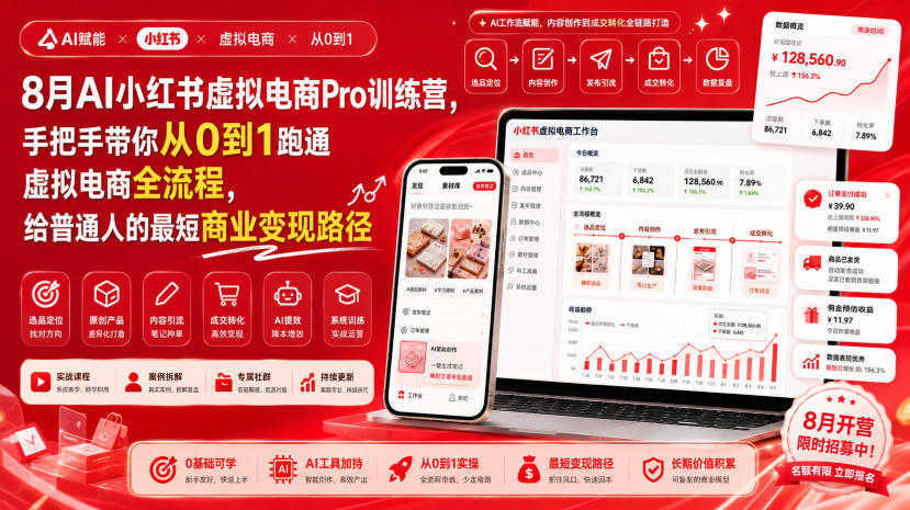 8月AI小红书虚拟电商Pro训练营,手把手带你从0到1跑通虚拟电商全流程,给普通人的最短商业变现路径-副业网