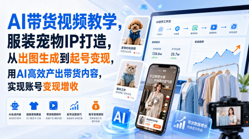 AI带货视频教学,服装宠物IP打造,从出图生成到起号变现,用AI高效产出带货内容,实现账号变现增收-副业网