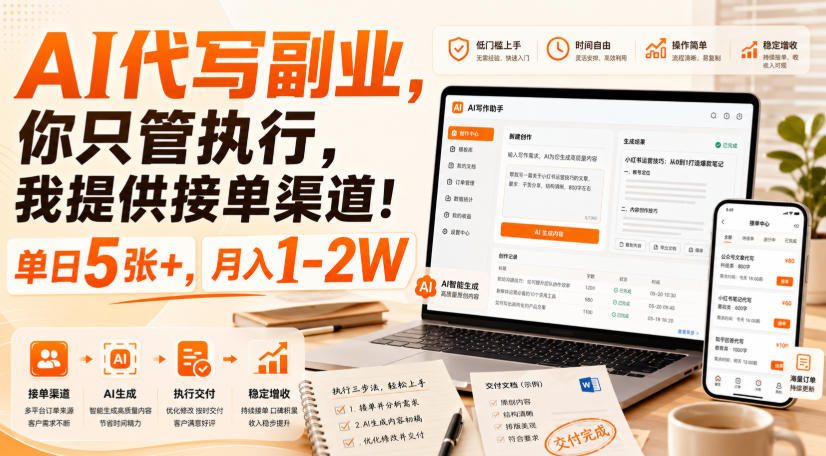 AI代写副业，你只管执行，我提供接单渠道！单日5张+，月入1-2W【揭秘】-副业网