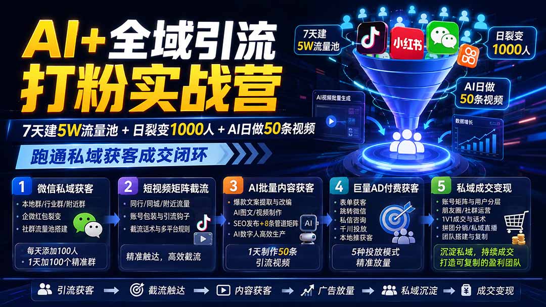 图片[2]-AI+全域引流打粉实战营：7天建5W流量池+日裂变1000人+AI日做50条视频，跑通私域获客成交闭环-副业网