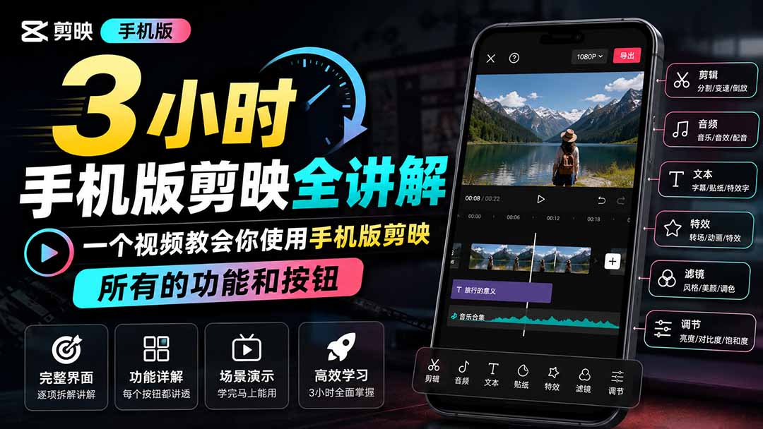 3小时手机版剪映全讲解，一个视频教会你使用手机版剪映，所有的功能和按钮-副业网