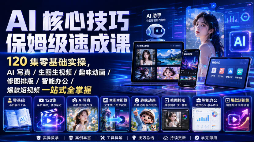 AI核心技巧保姆级速成课|120集零基础实操,AI写真/生图生视频/趣味动画/修图排版/智能办公/爆款短视频一站式全掌握(更新)-副业网