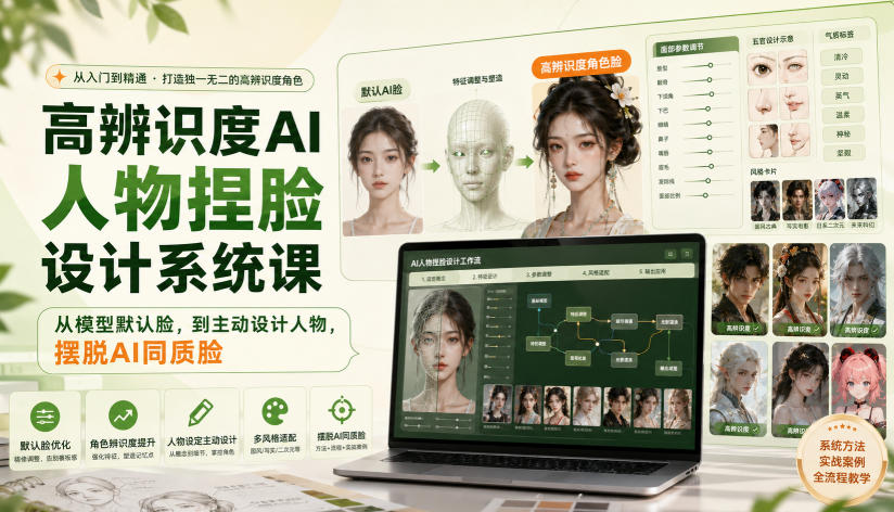 高辨识度AI人物捏脸设计系统课，从模型默认脸，到主动设计人物，摆脱AI同质脸-副业网