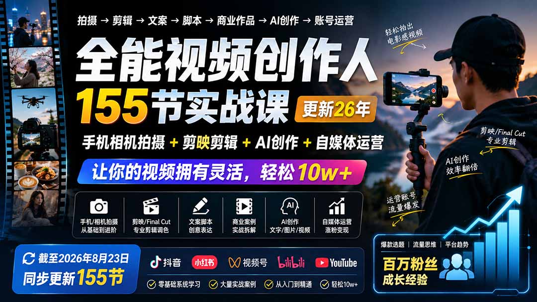 全能视频创作人155节实战课-更新26年8月:手机相机拍摄+剪映剪辑+AI创作+自媒体运营,让你的视频拥有灵活,轻松10w-副业网