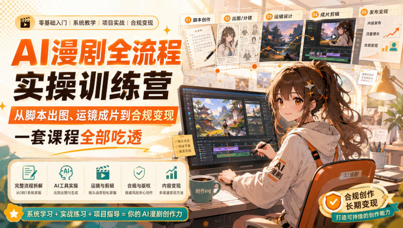 AI漫剧全流程实操训练营，从脚本出图、运镜成片到合规变现，一套课程全部吃透-副业网